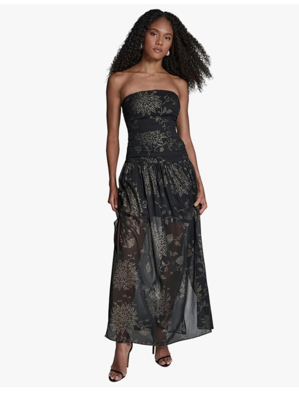 NWT BCBG Strapless Black Dress with Gold Floral Print